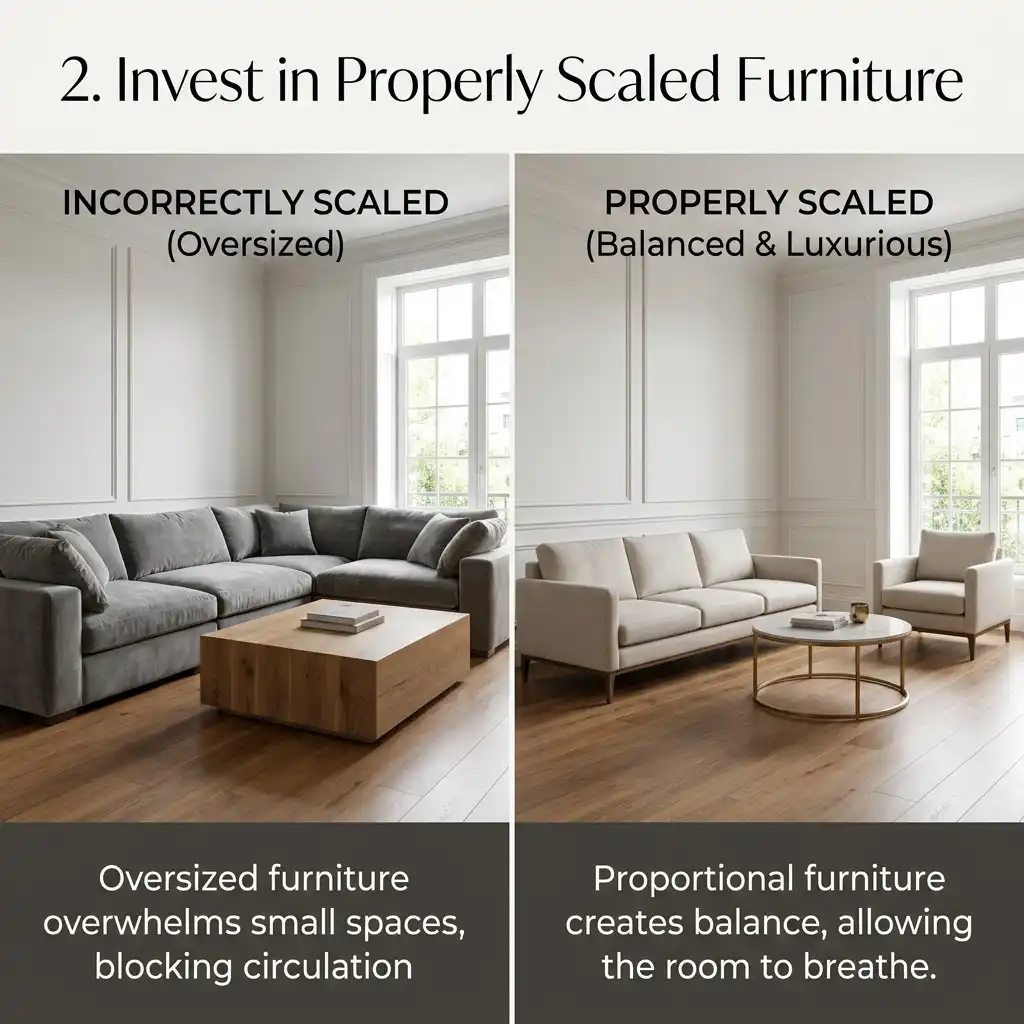 Modern living room featuring perfectly scaled furniture with a balanced designer layout.