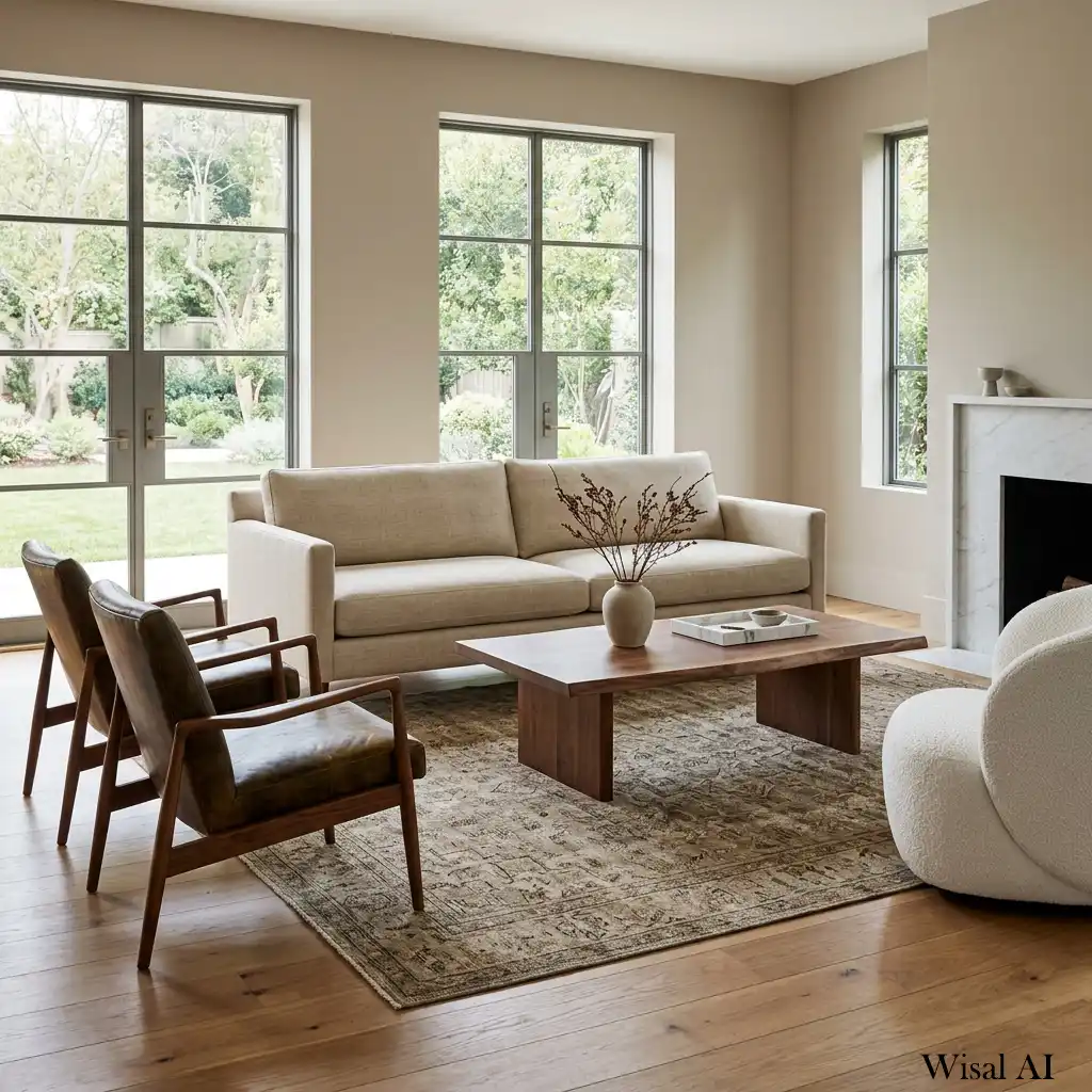 Timeless living room featuring high-quality furniture and natural oak finishes.