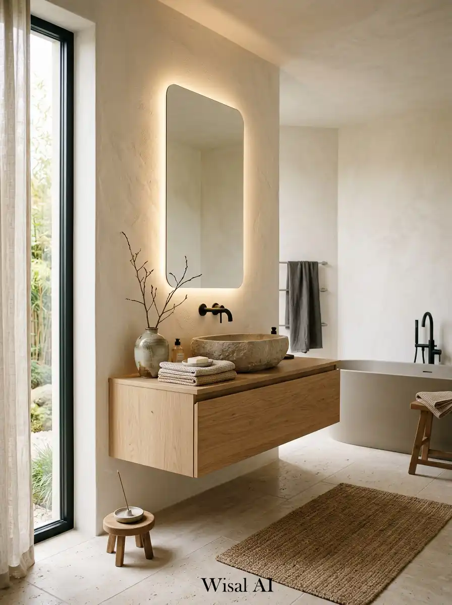 2. Japandi Bathroom with Stone Sink and Organic Textures
