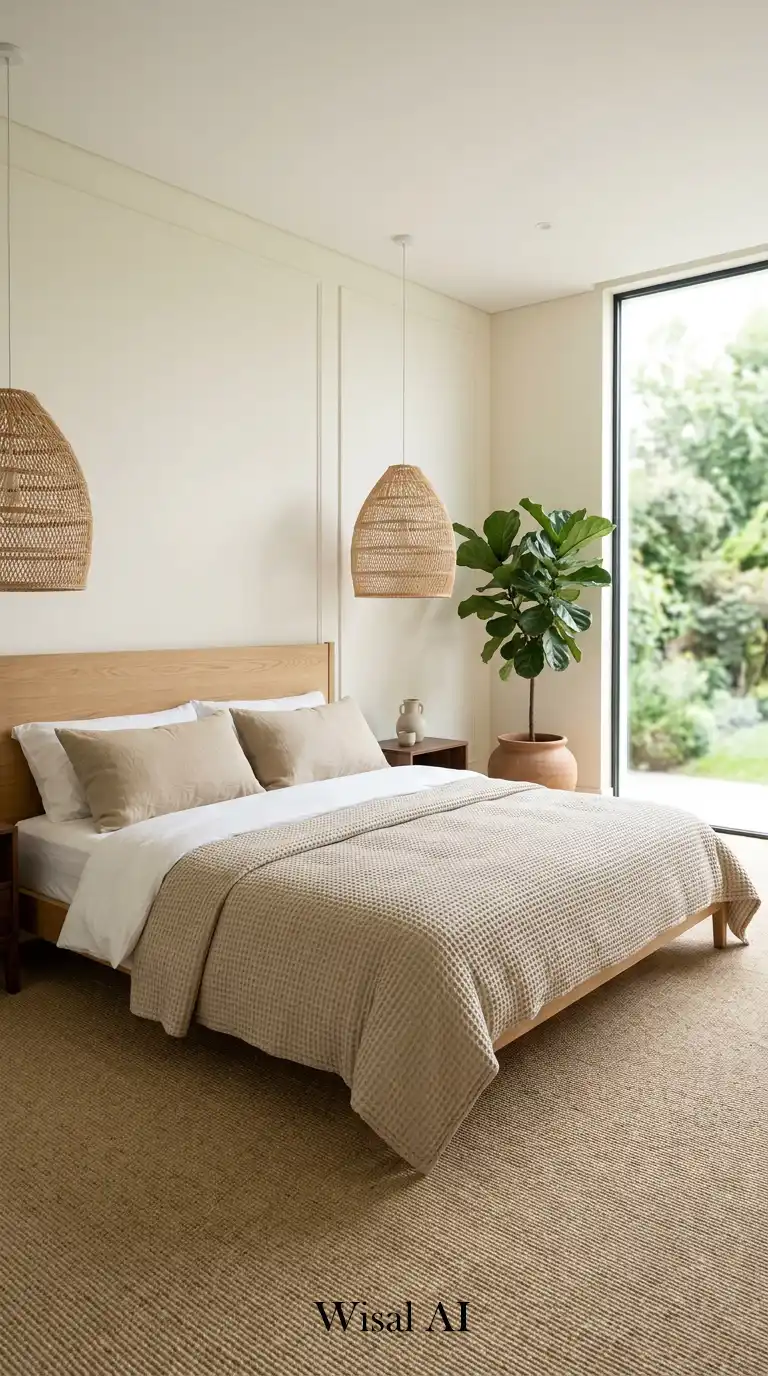 2. Japandi Elegance with Woven Textures Beige Bedroom Idea