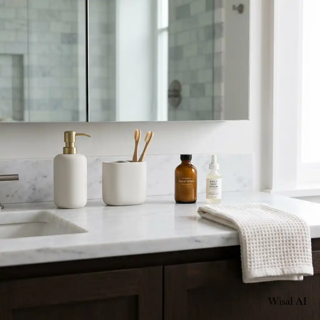 Minimalist bathroom vanity displaying only daily essentials for a clean luxurious appearance.