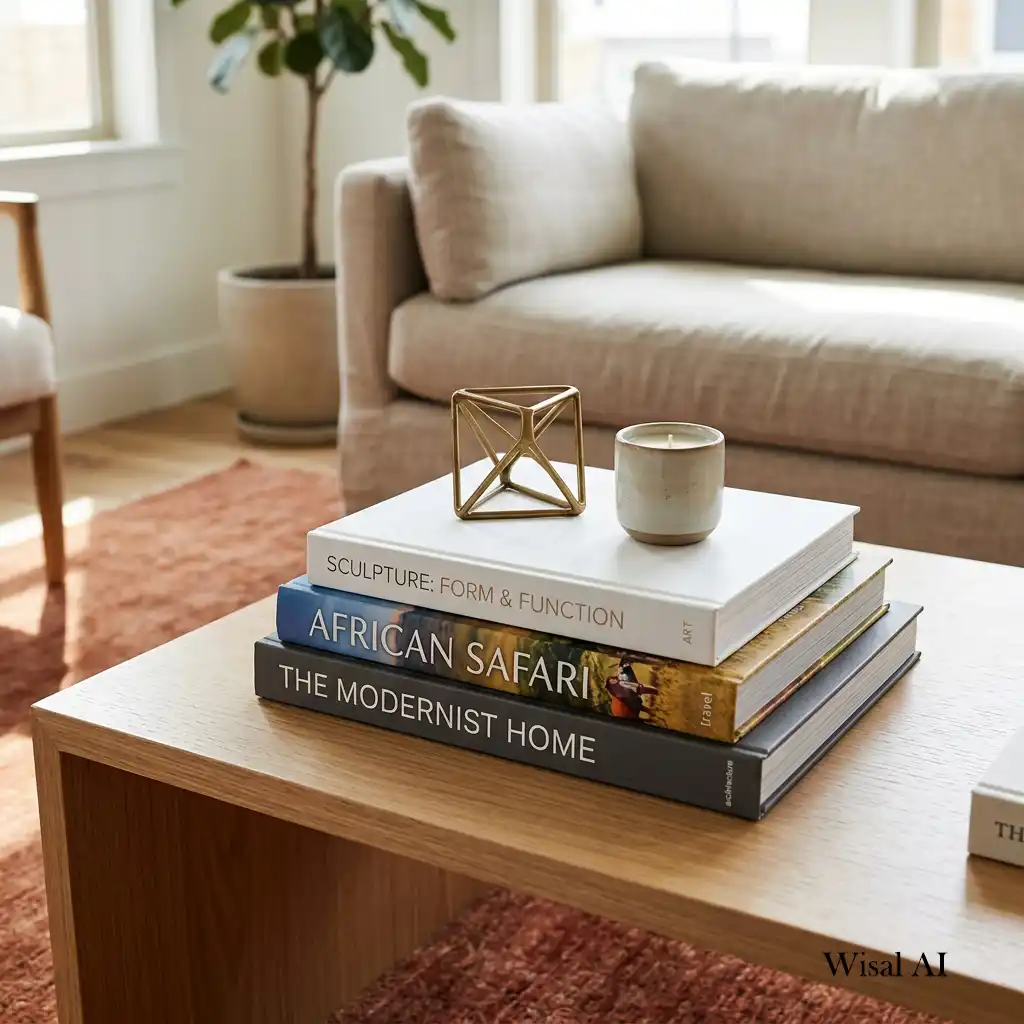 Modern coffee table featuring stacked design books and sculptural ceramic décor.