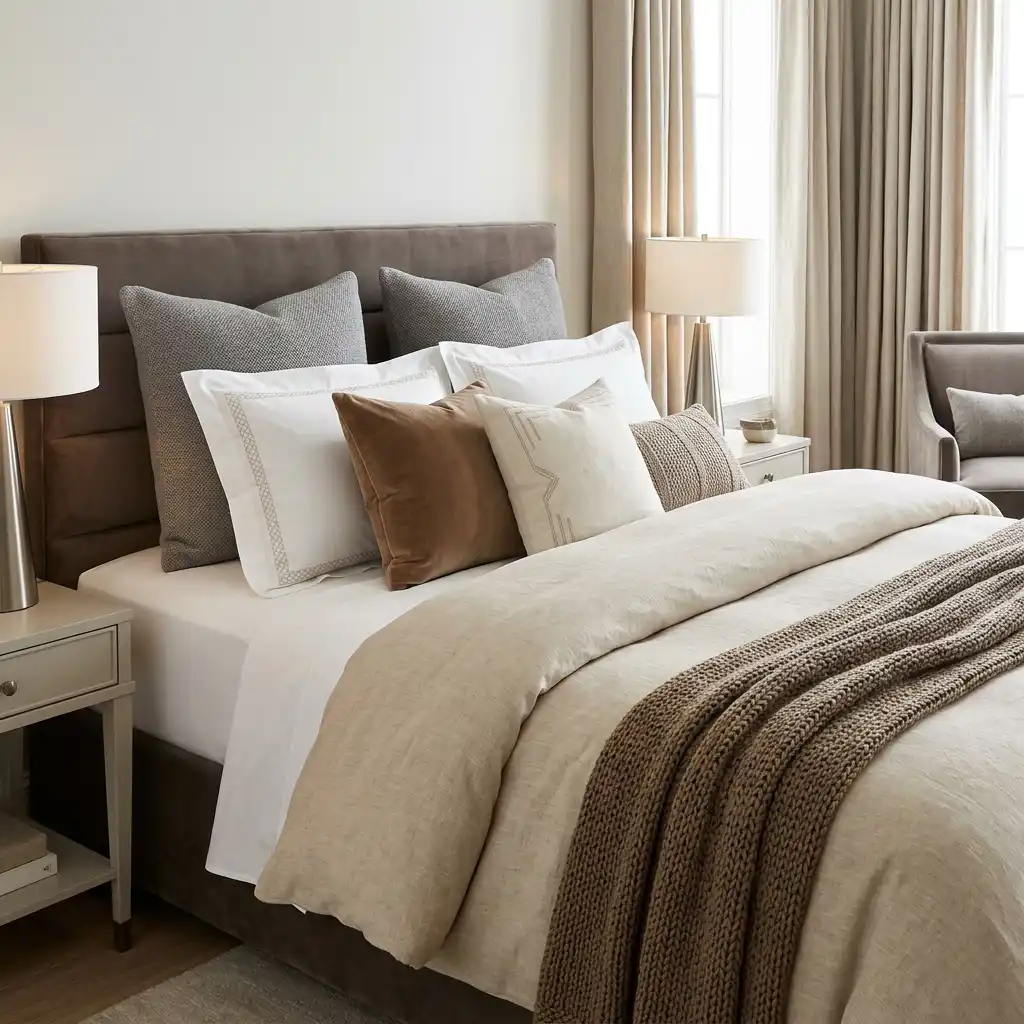 Hotel-style bedroom featuring plush bedding, decorative pillows, and cozy neutral textures.