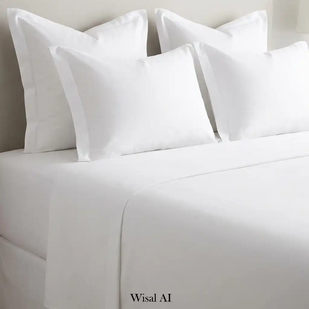 Hotel-style layered bedding with crisp white linens and decorative pillows.