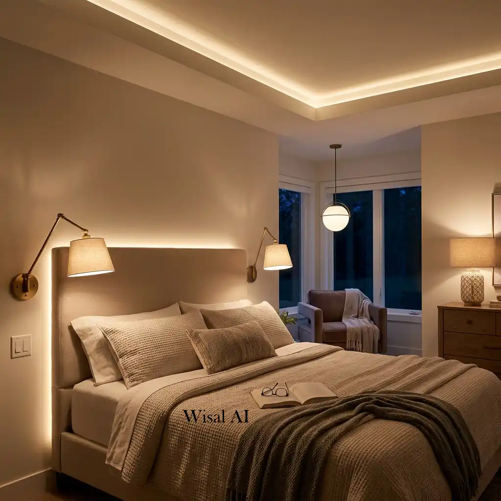 Modern bedroom with layered lighting including sconces, pendant lights, and ceiling fixtures.
