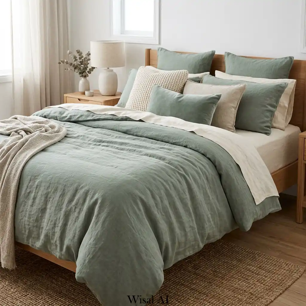 Cozy bedroom featuring layered sage green linen bedding with neutral tones and soft natural textures for a relaxing atmosphere