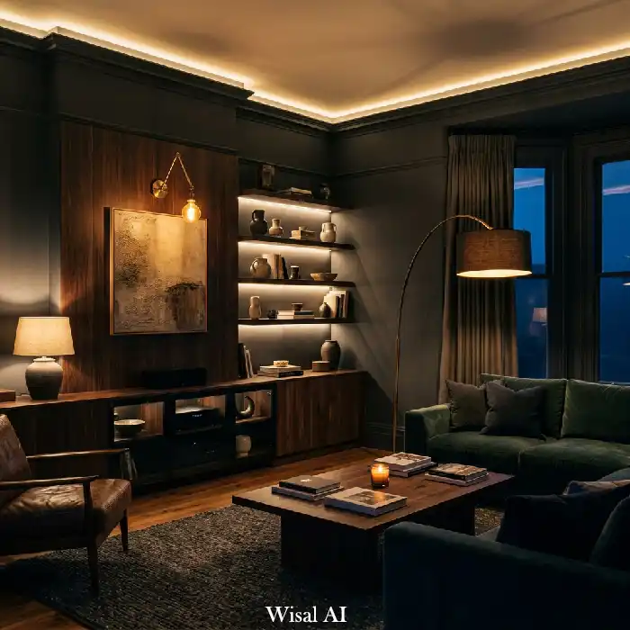 Moody dark living room featuring layered warm lighting with floor lamps, wall sconces, and ambient glow effects