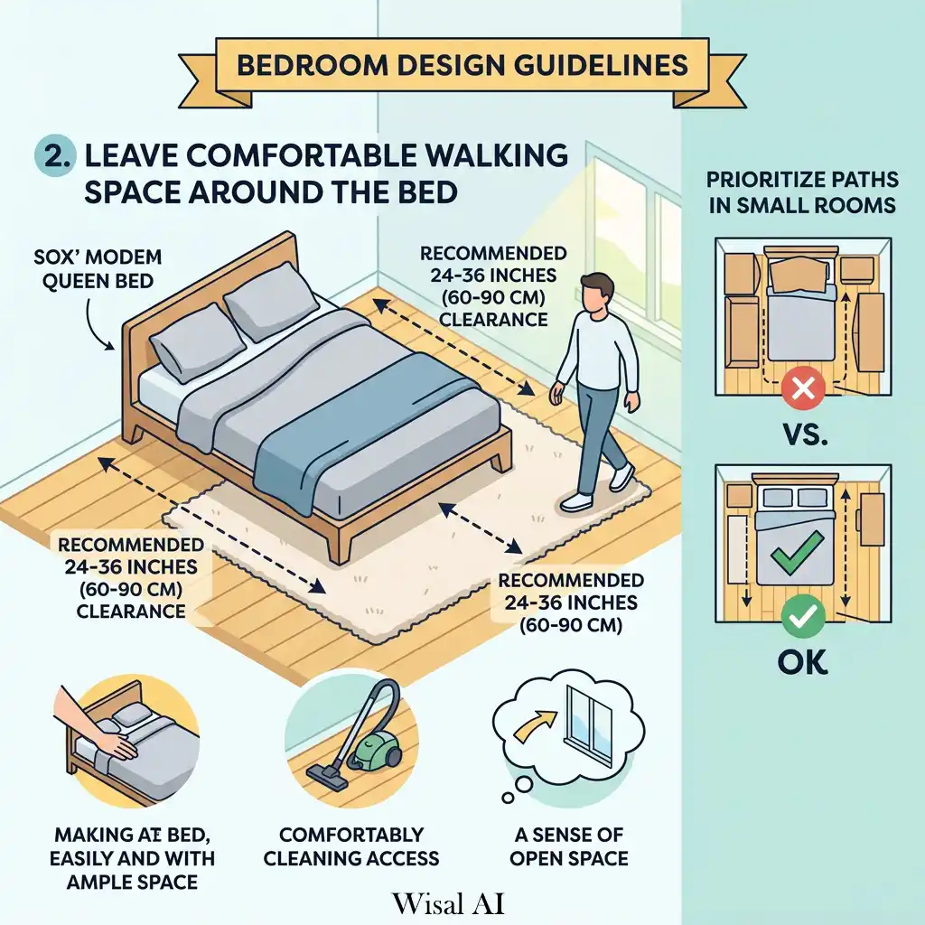 Spacious bedroom layout with comfortable walking space around the bed.