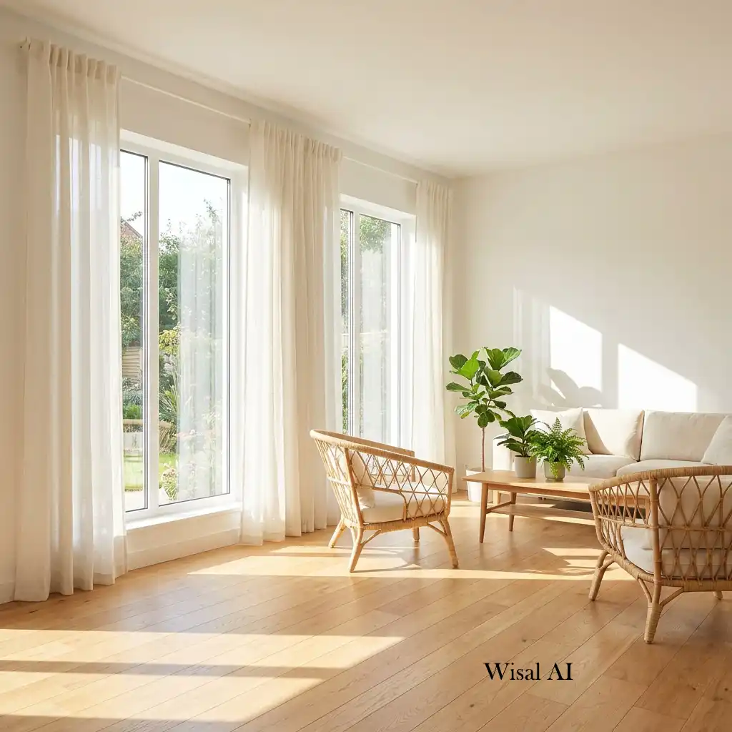 Small living room filled with natural light through large windows and sheer curtains.