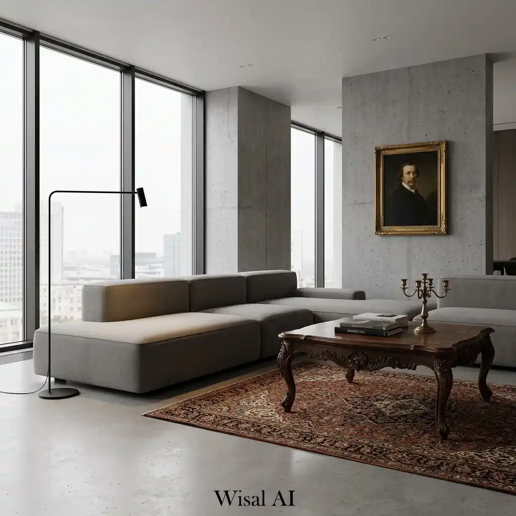 Elegant living room blending vintage armchairs with minimalist modern furniture