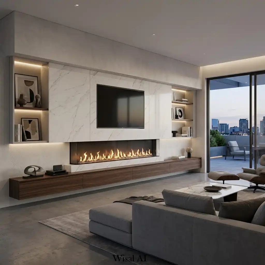 Sleek linear fireplace integrated into a minimalist modern living room wall