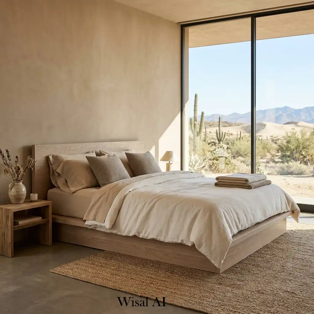 Low platform bed with natural wood frame
