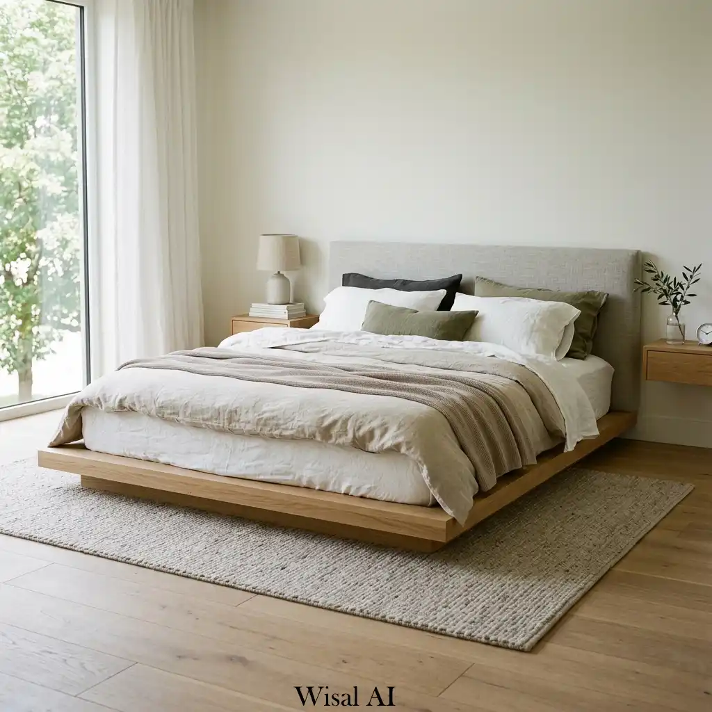 Modern low-profile bed design in a contemporary European bedroom interior
