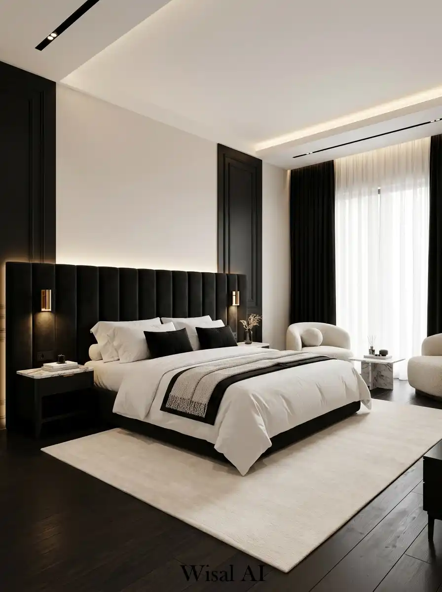 17. Luxury Black and White Bedroom with Hotel-Inspired Design