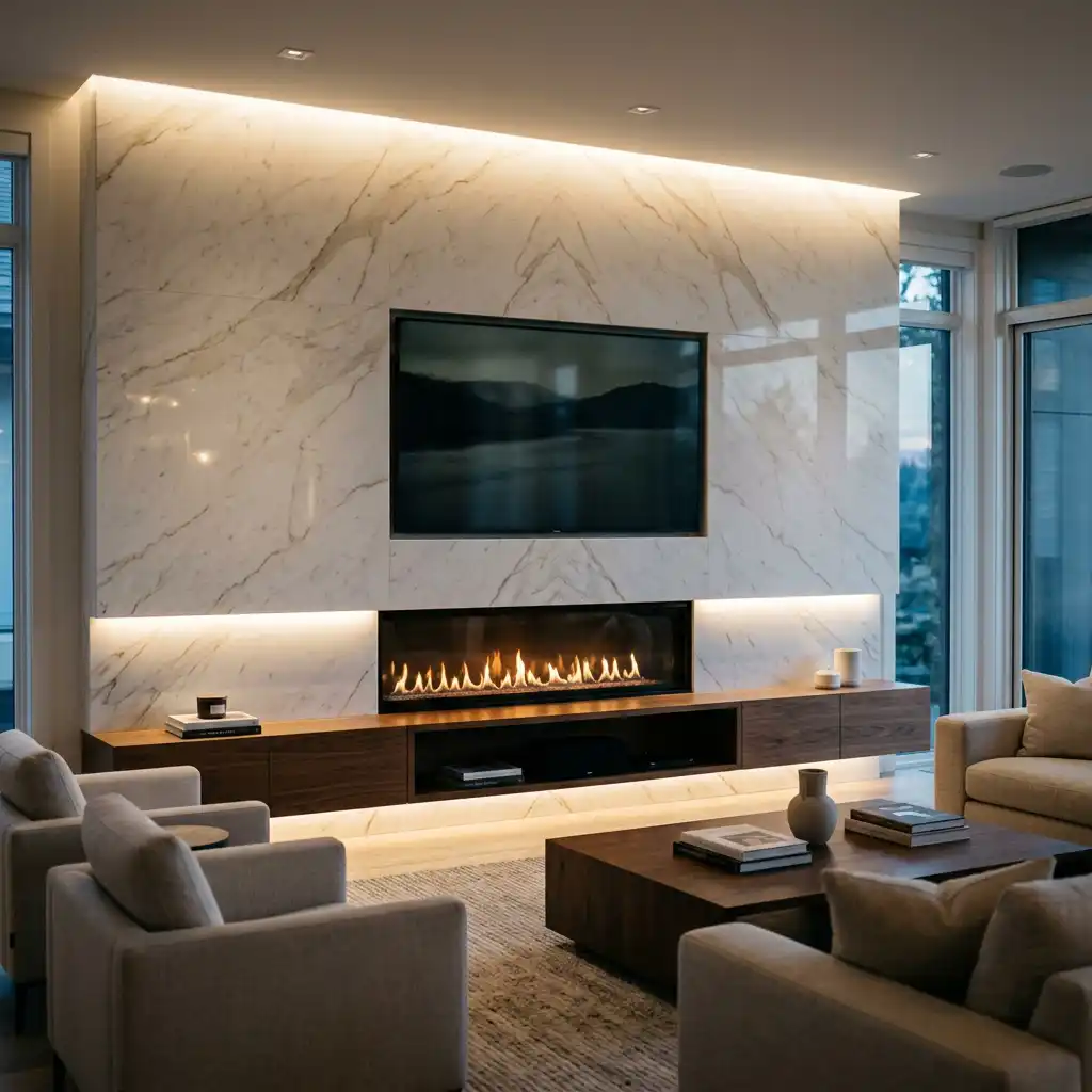 Luxury marble TV wall with a linear fireplace and hidden storage.