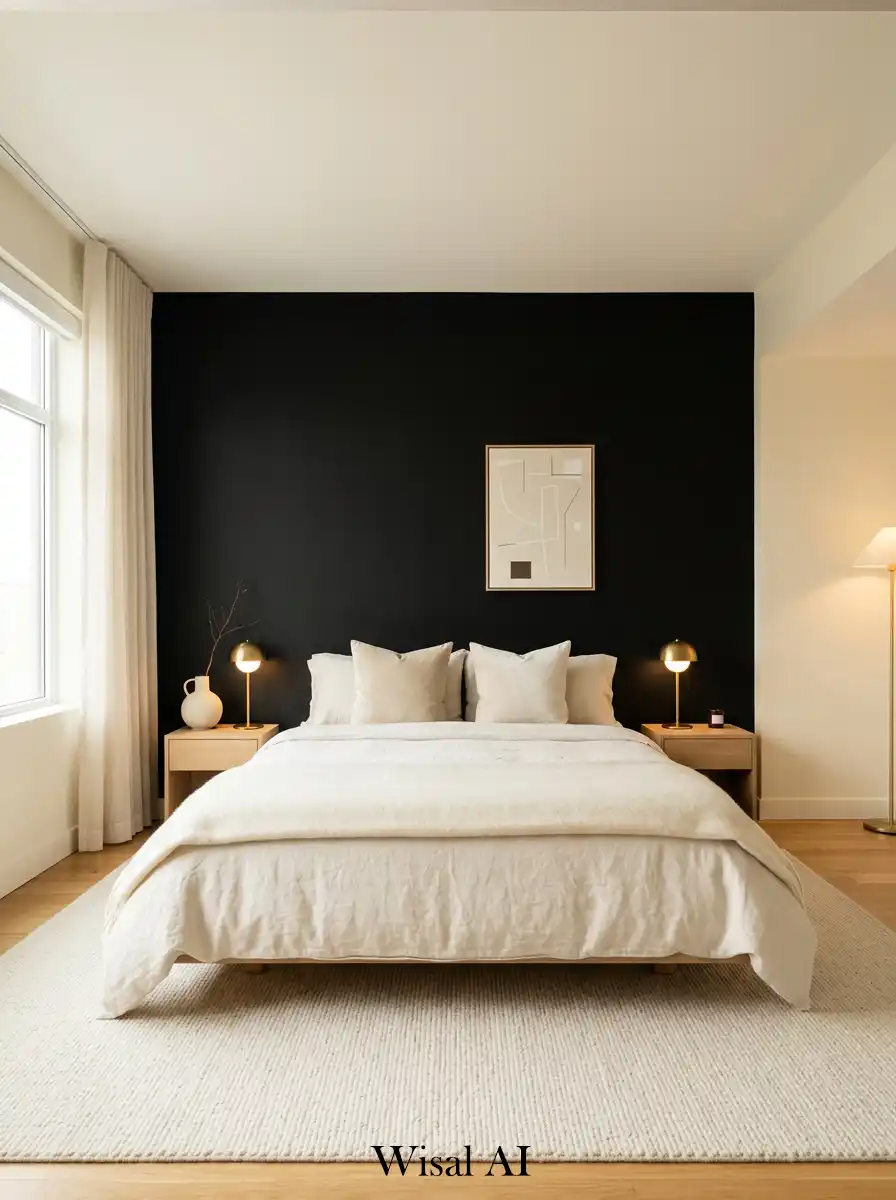 Minimal bedroom featuring matte black accent wall with cream neutral tones and soft modern lighting.