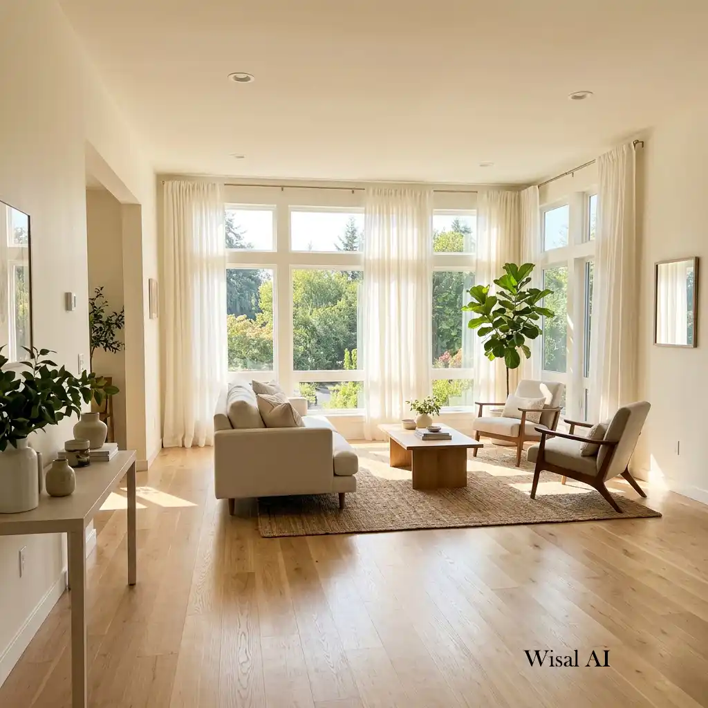 Sunlit living room maximizing natural light through large windows and sheer curtains.