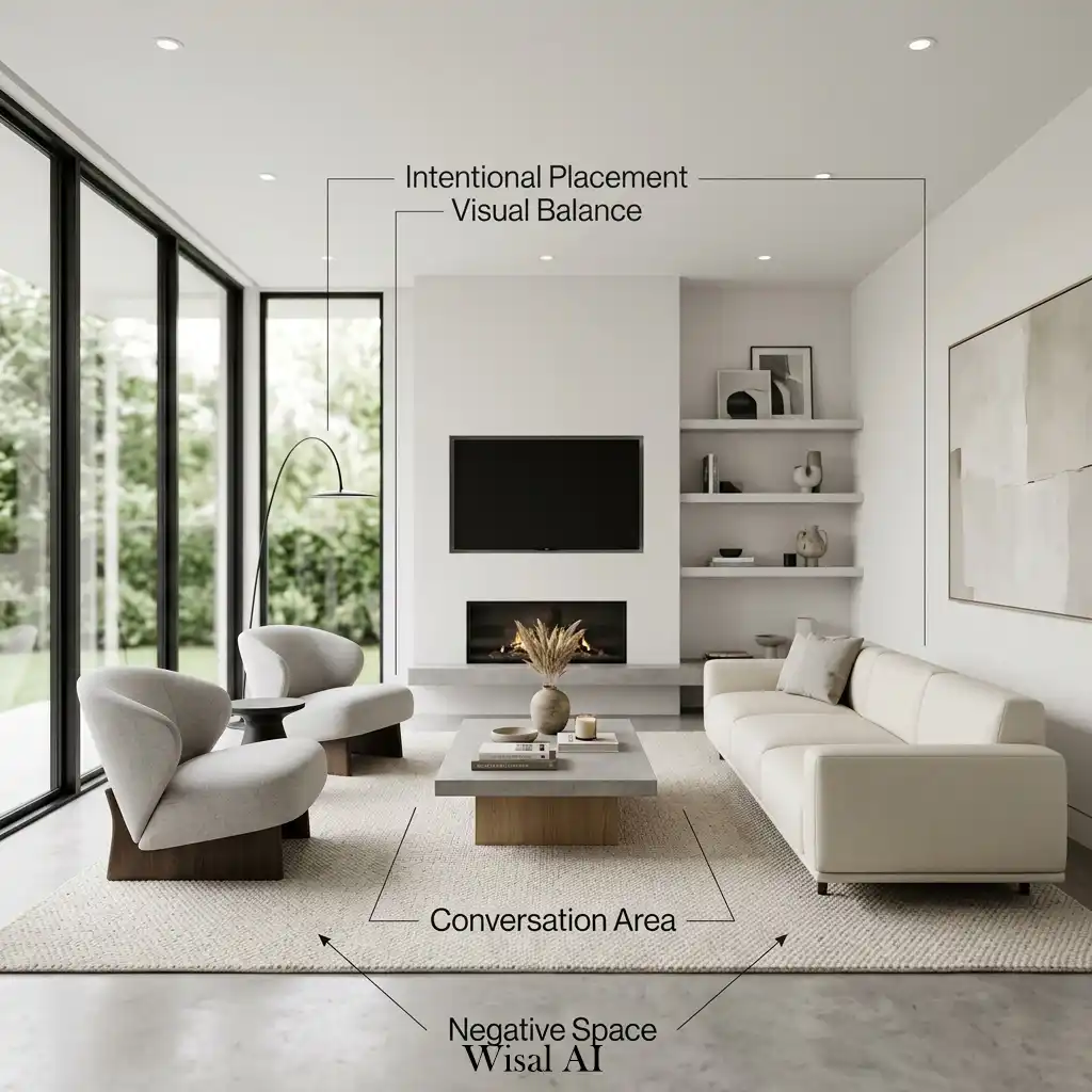 Modern living room with minimal furniture layout and open balanced space design