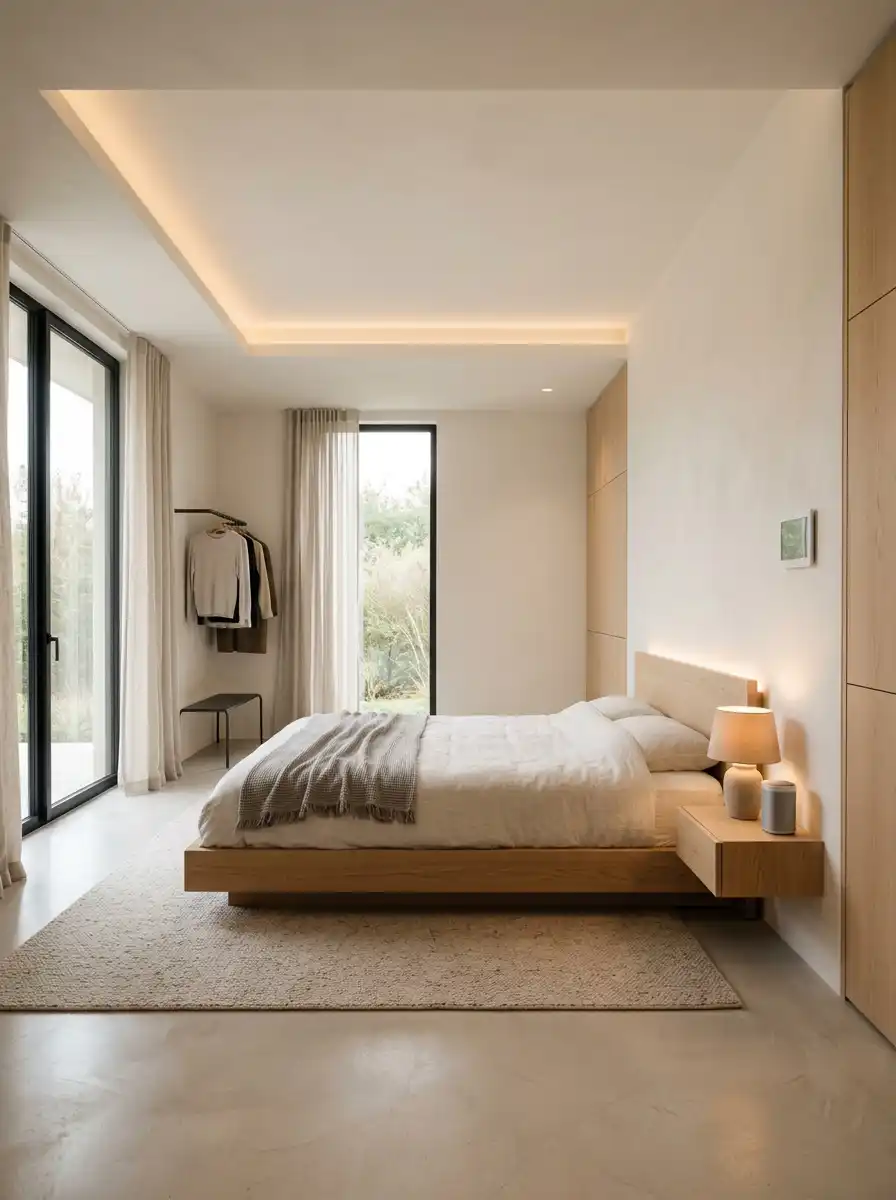 Minimal bedroom with open layout and clean spacious design.