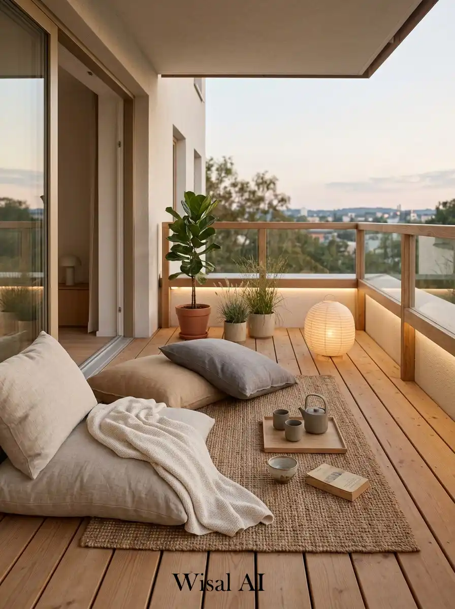 Cozy wooden deck balcony with low floor seating, soft cushions, and natural Japandi-inspired design.