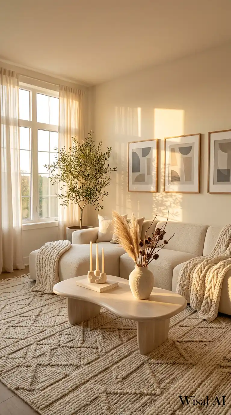 12. Sun-Drenched Comfort: Warm Textures for a Cozy Cream Living Room