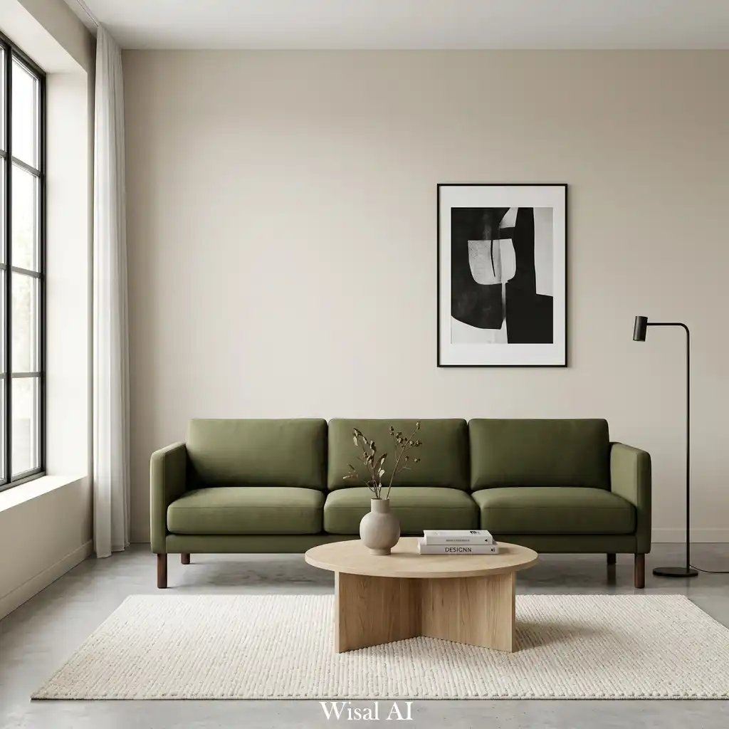 Minimal modern living room with olive green sofa, neutral walls, and clean uncluttered aesthetic