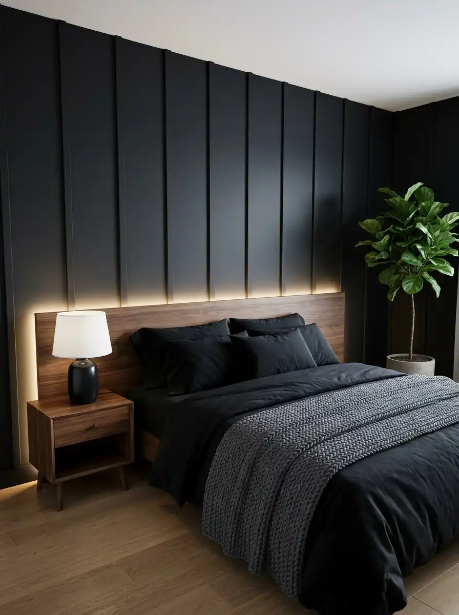 2. Modern Noir Sophistication in Dark Cozy Bedroom Design
