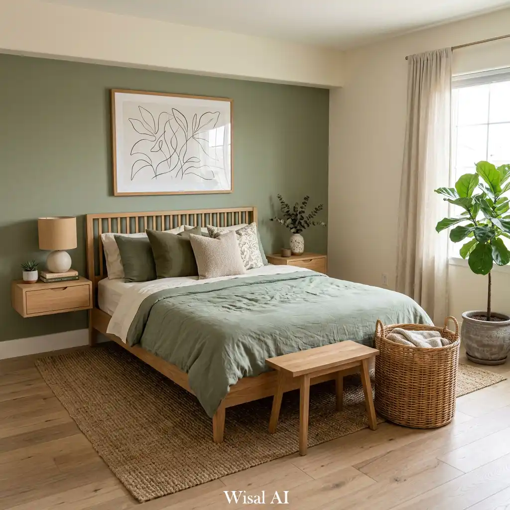 Modern organic bedroom with green and beige palette, natural wood furniture, and warm earthy tones