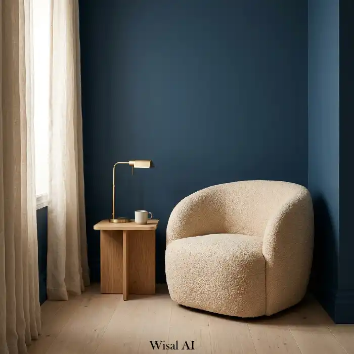 Elegant moody blue and marble living room with brass accents and luxury decor