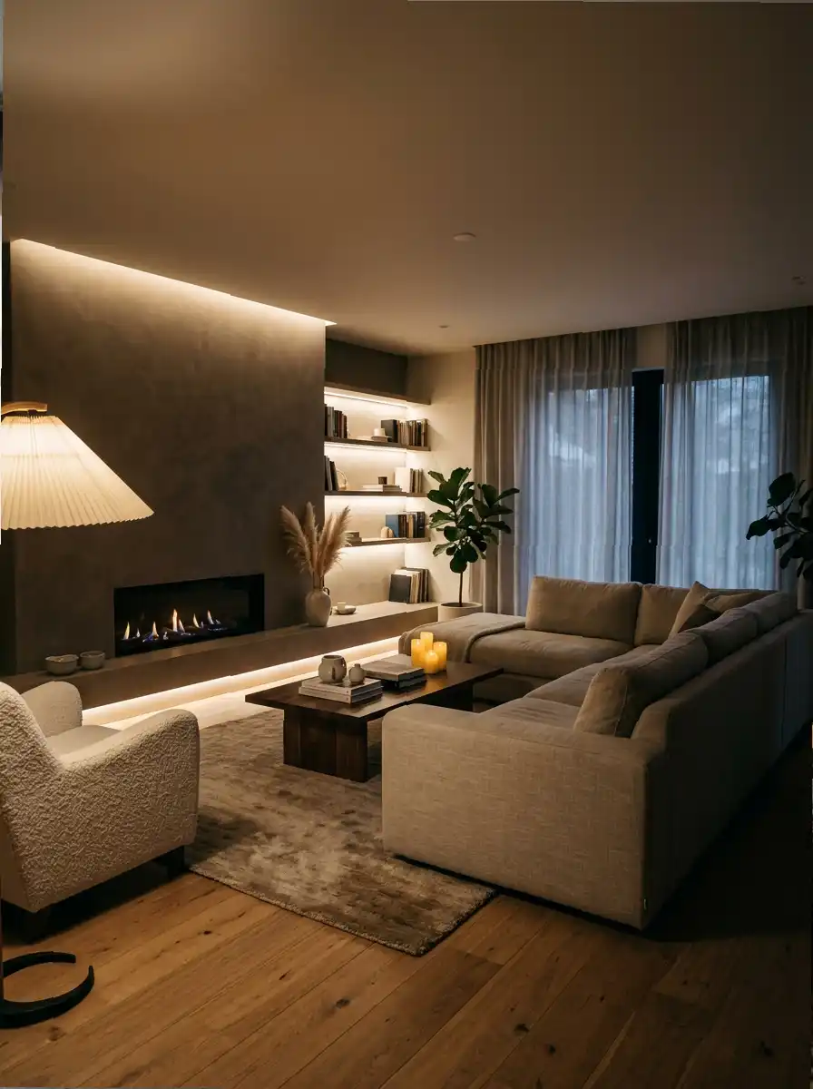 31. Moody Living Room Idea with Warm Ambient Lighting