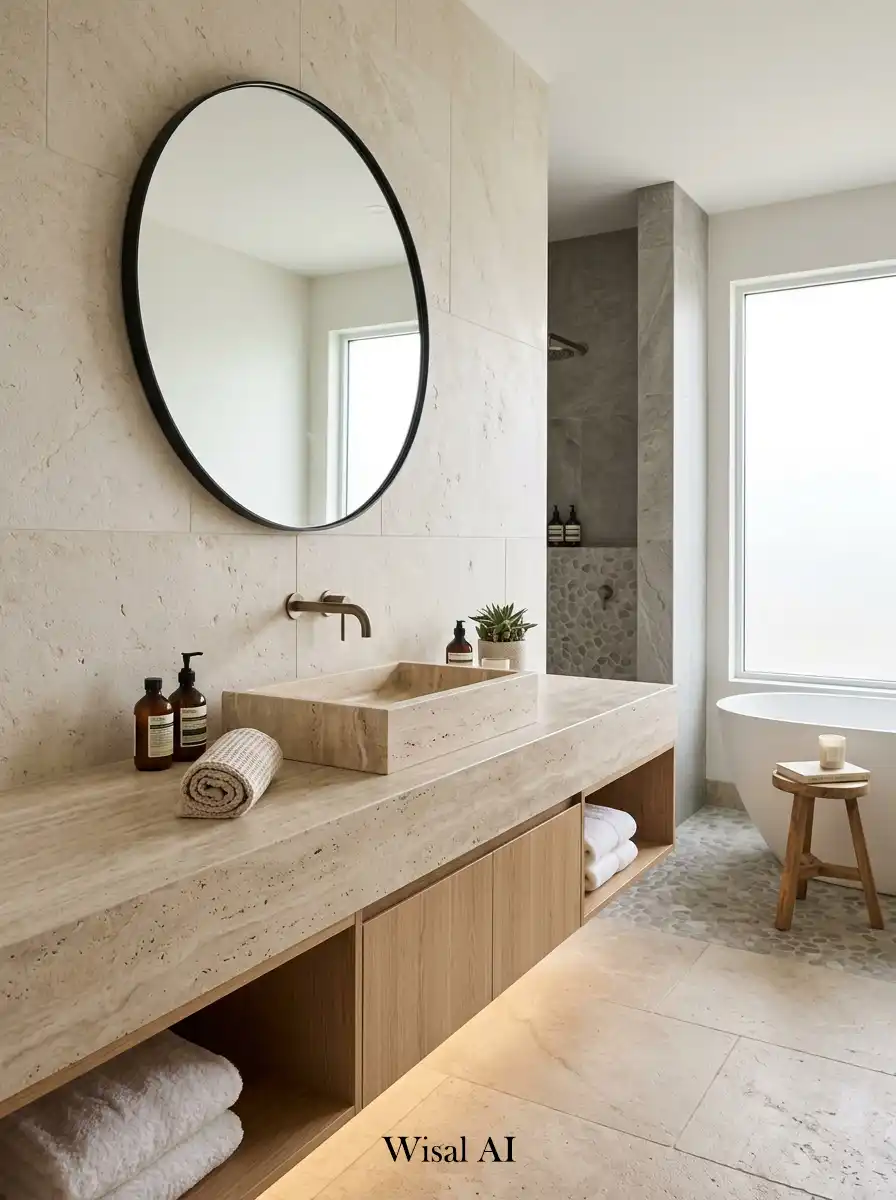 Luxury minimal bathroom with natural stone walls floating vanity and elegant organic spa-inspired interior design details.