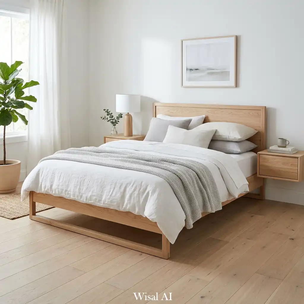 Cozy bedroom with natural wood furniture and warm soft lighting