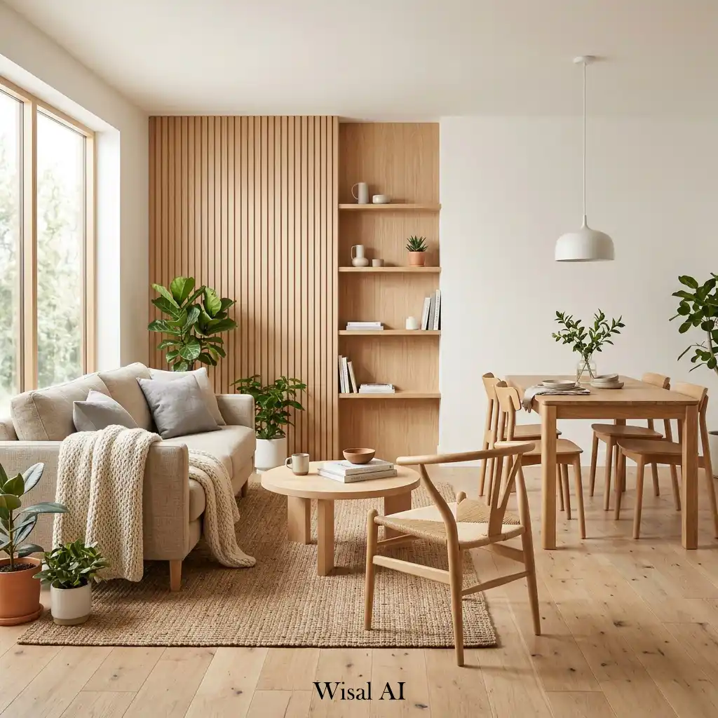 Scandinavian living space with natural wood furniture and warm cozy design