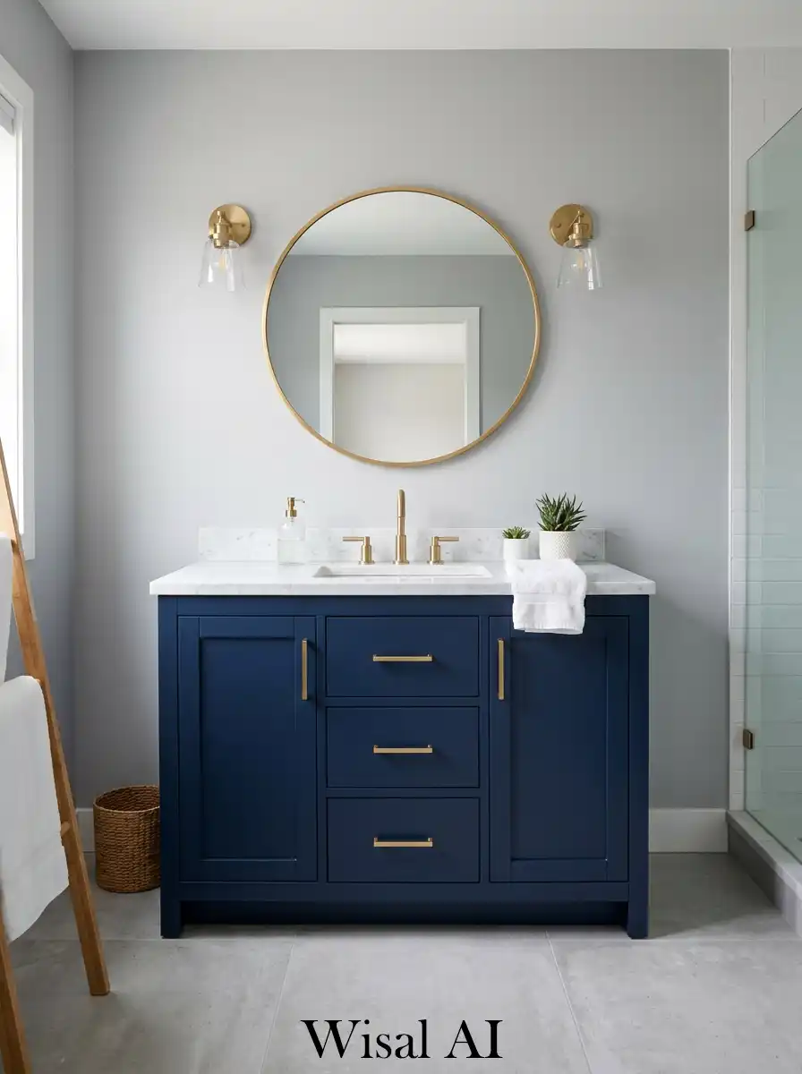 Minimal bathroom with grey walls and blue accents