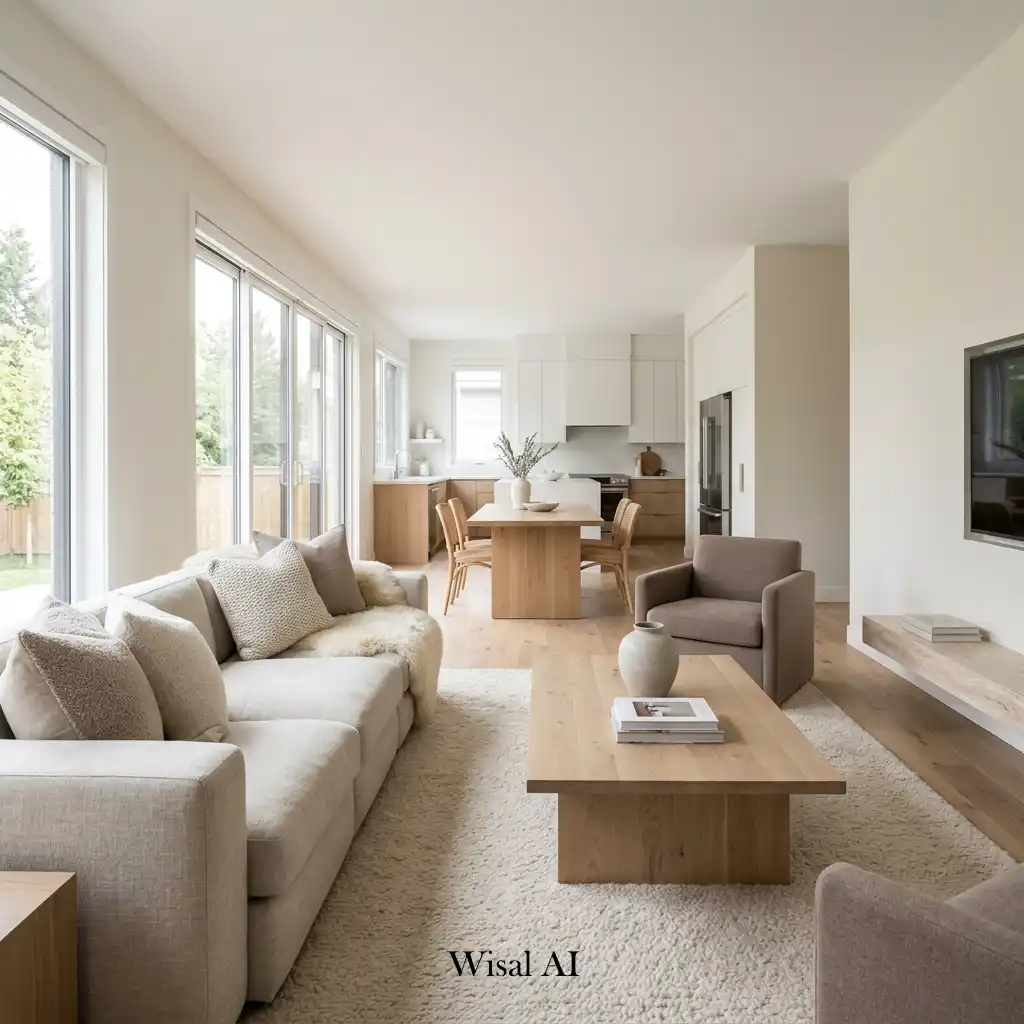 Neutral open concept living room with beige furniture and bright interiors