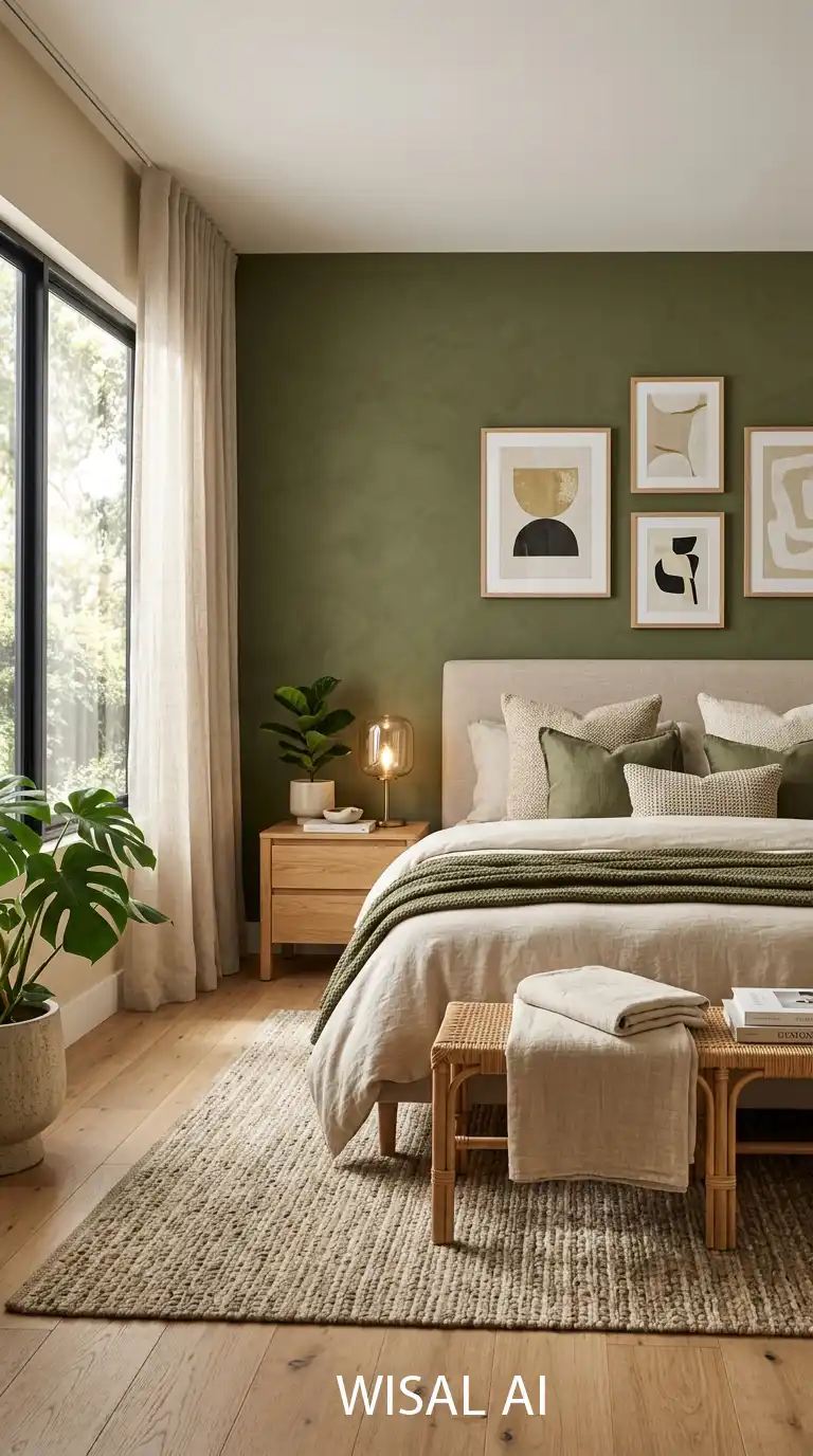 2. Olive Green Accent Bedroom with Beige Layers 