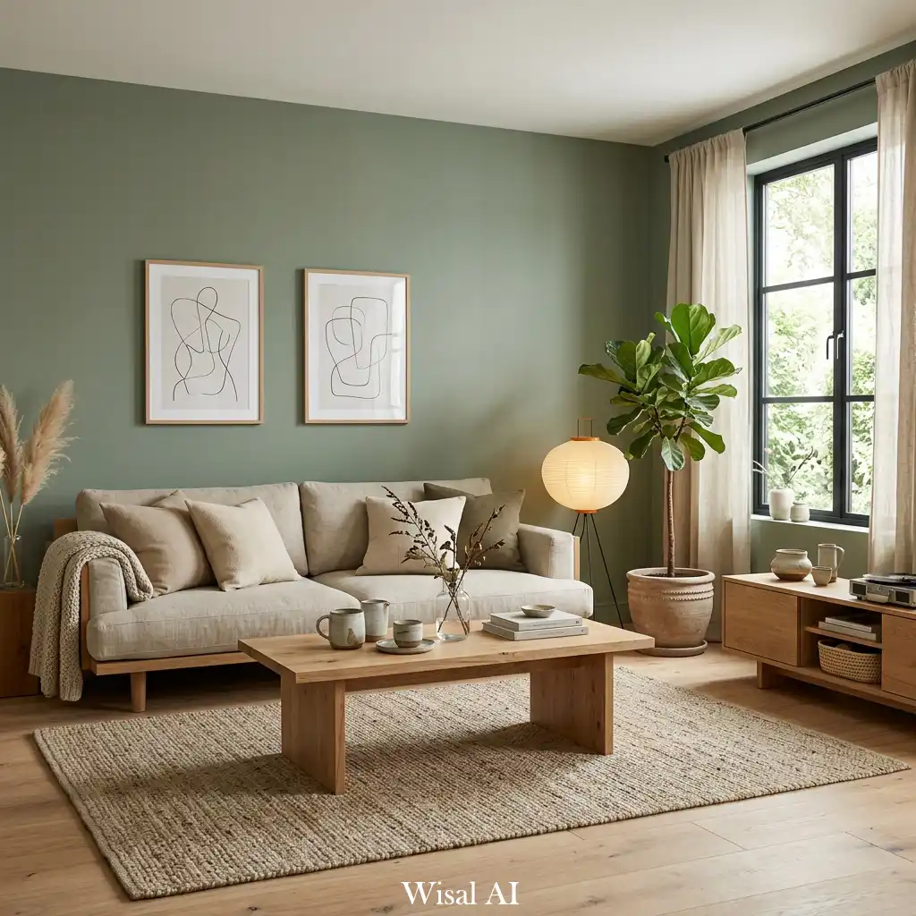 Japandi style sage green living room with wooden furniture, ceramic decor, and calm natural aesthetic