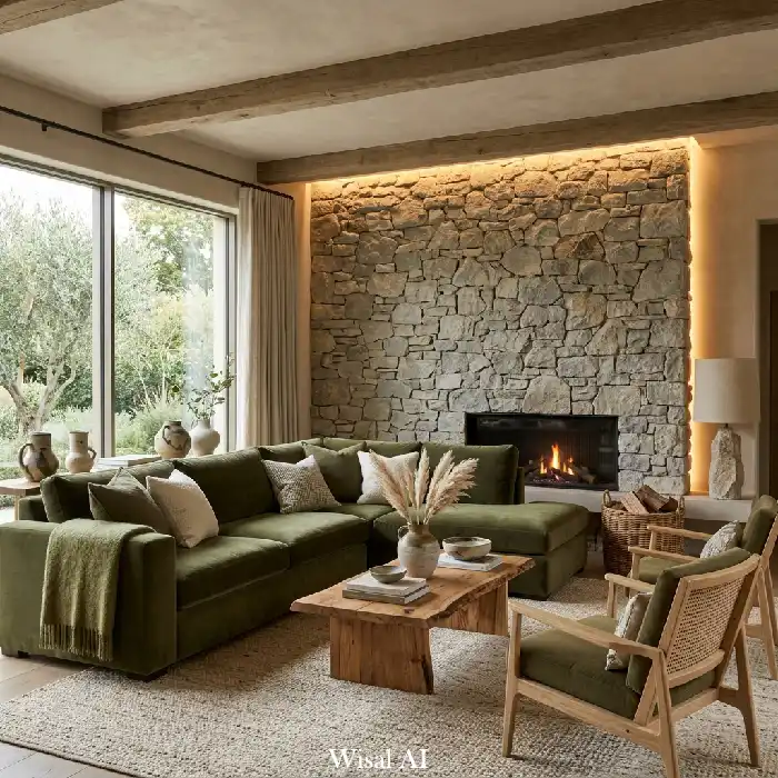 Organic luxury olive green living room with stone fireplace, textured walls, and elegant decor