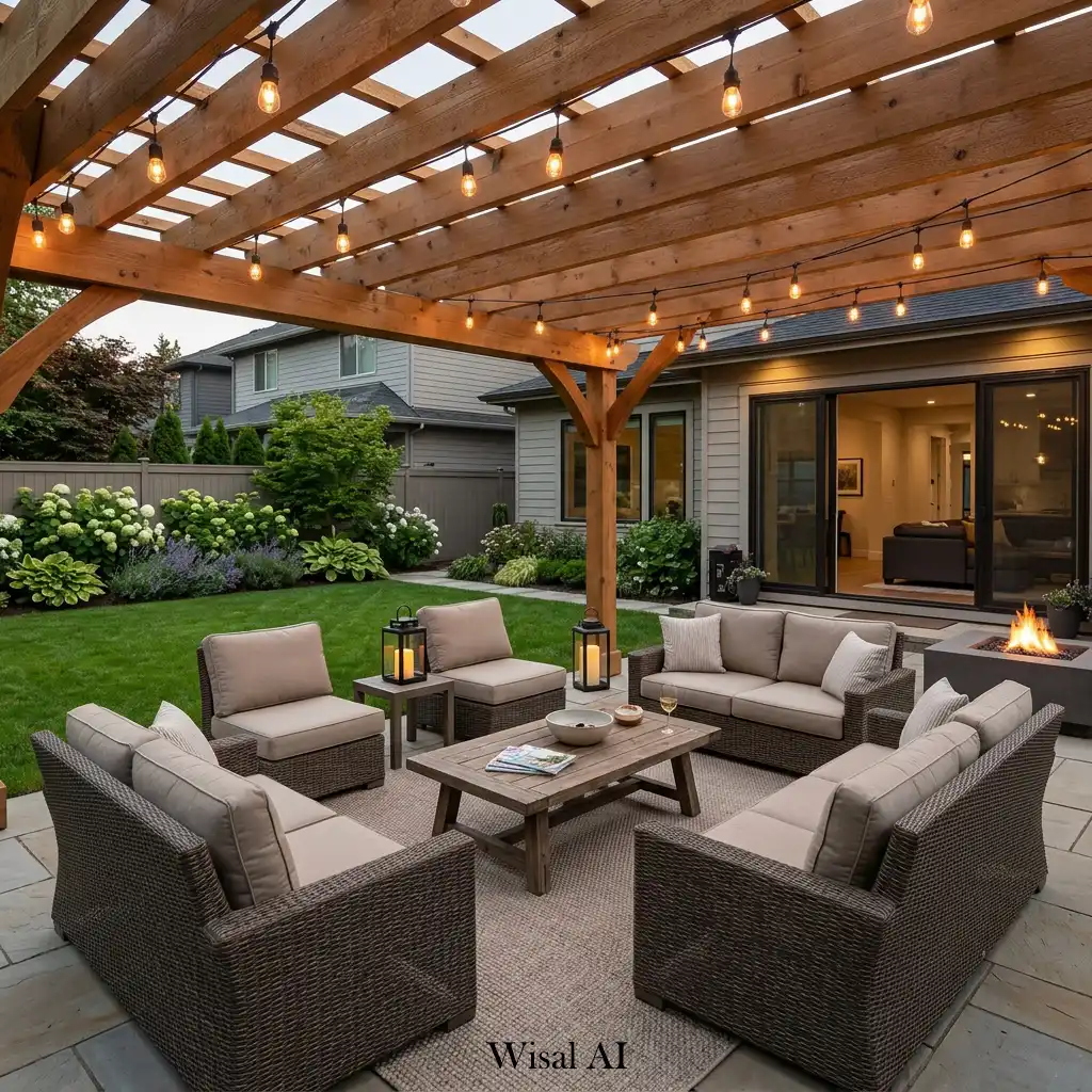 Outdoor living room with comfortable seating, decorative accents, and cozy backyard atmosphere