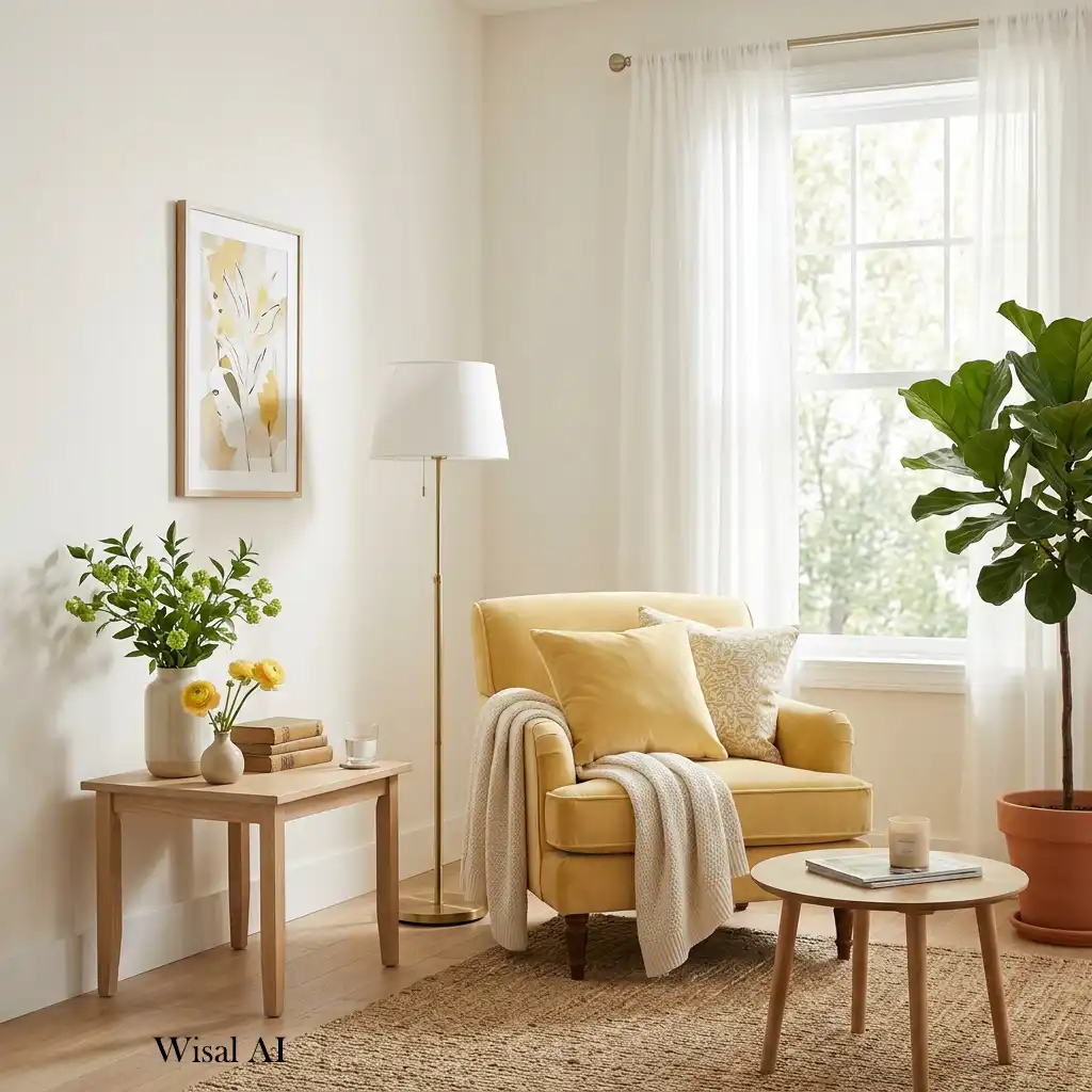 Bright living room with warm white walls and butter yellow accents.