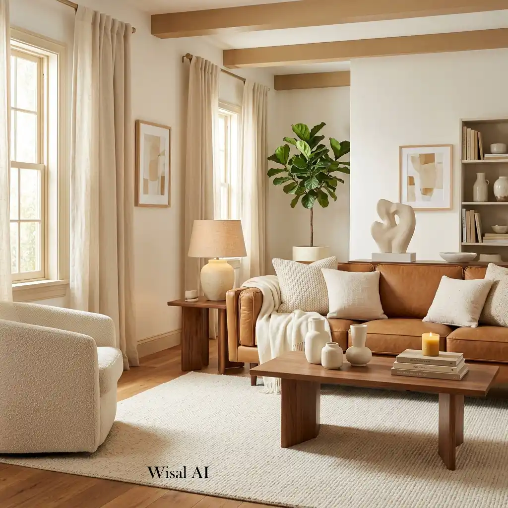 Elegant living room featuring caramel tones and walnut wood furniture.