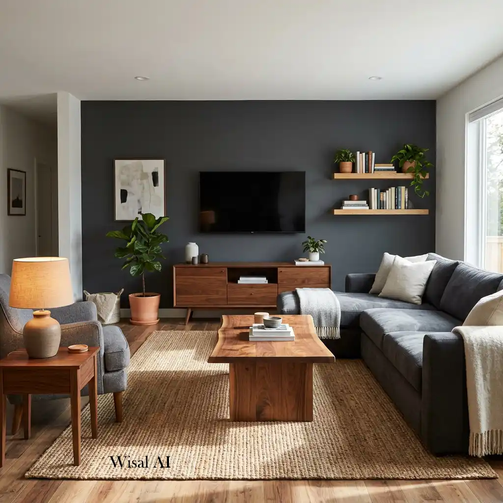 Living room combining charcoal gray with warm oak wood furniture.