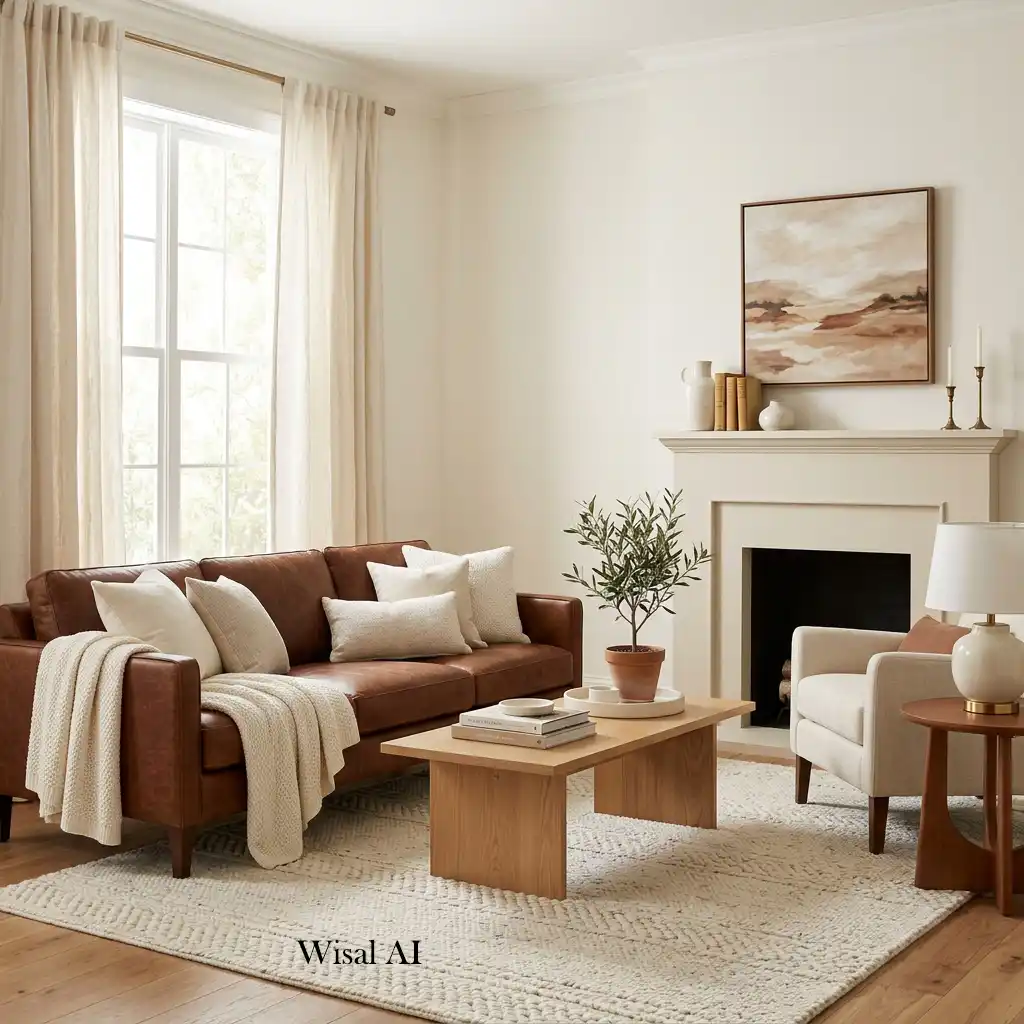 Warm living room with cinnamon brown and ivory color palette.