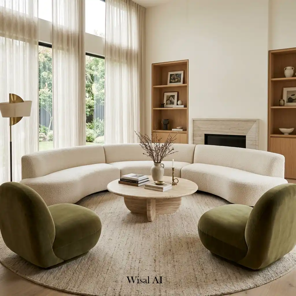 Curved sofa paired with a round marble coffee table in a modern living room.