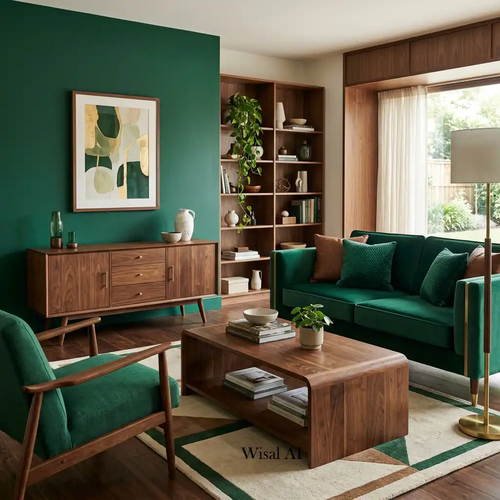 Elegant living room featuring emerald green walls and walnut wood furniture.