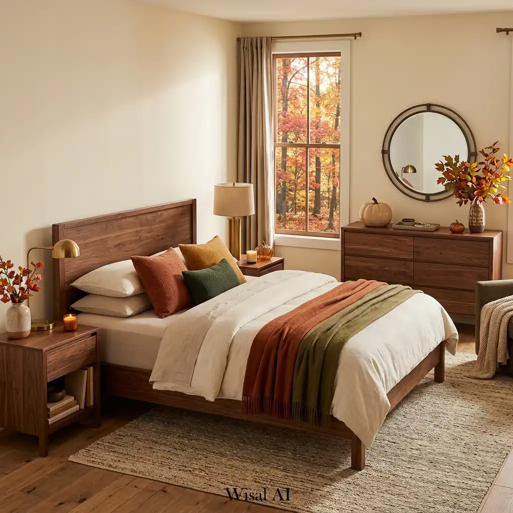 Luxury autumn bedroom featuring rich walnut furniture and soft textiles.