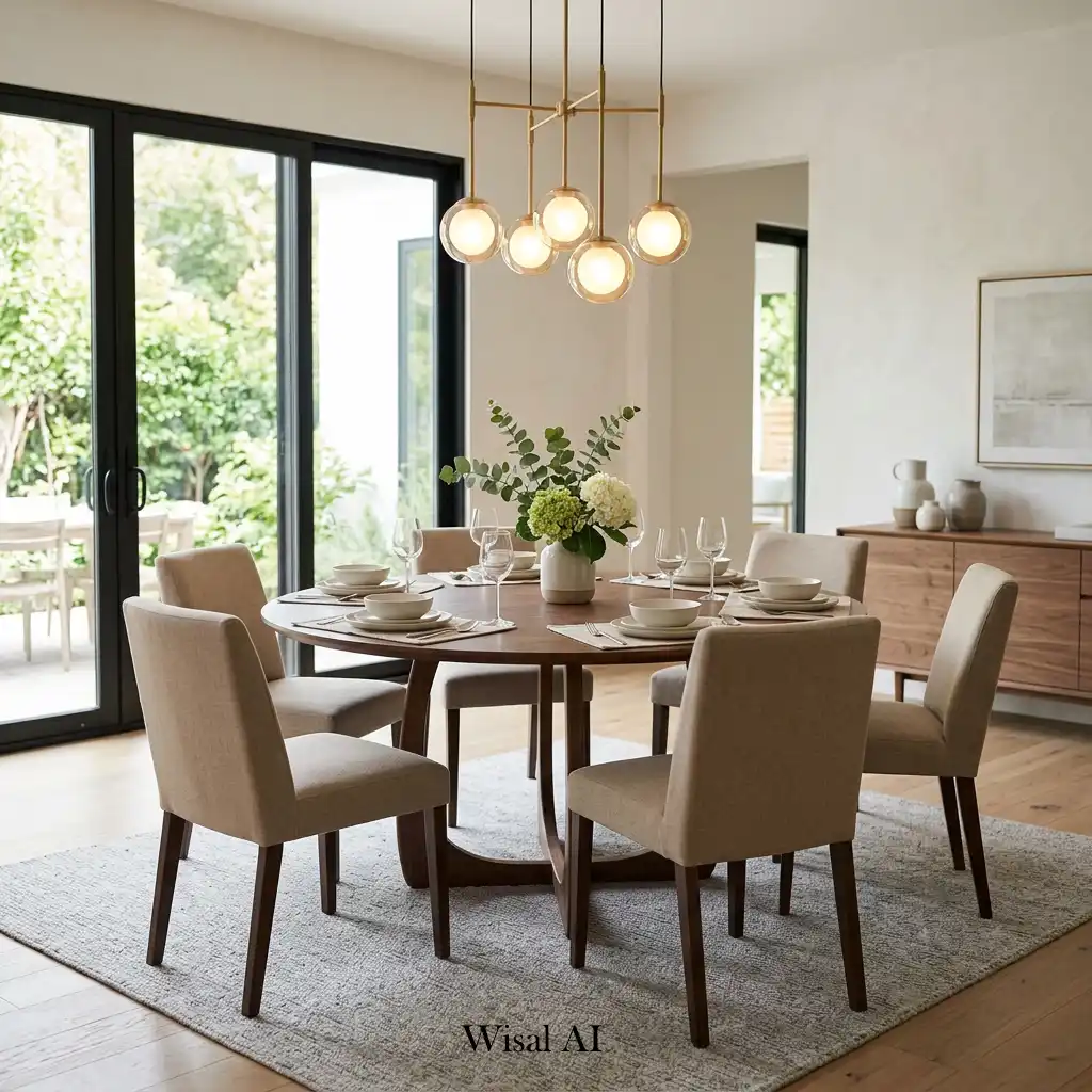 Contemporary dining room featuring a round dining table and upholstered chairs