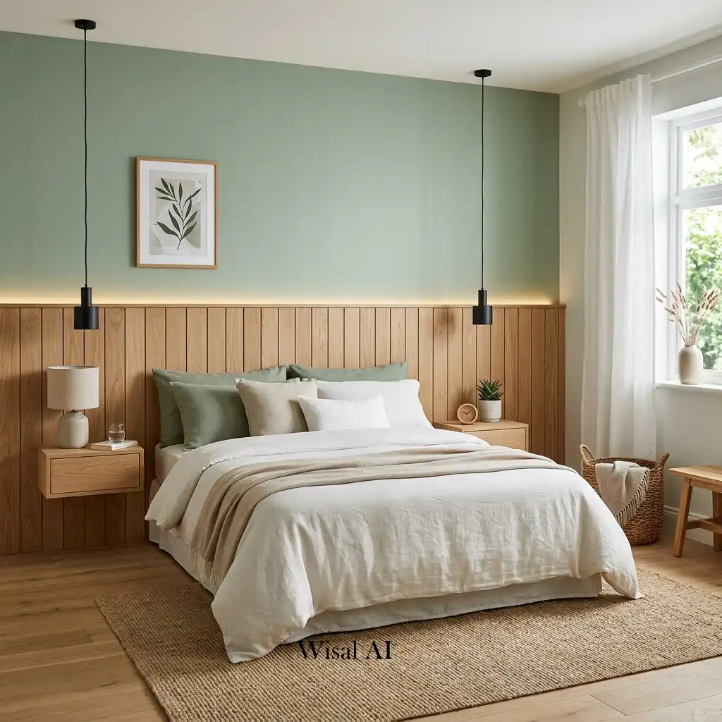 Sage green bedroom featuring white oak wall paneling behind the bed.