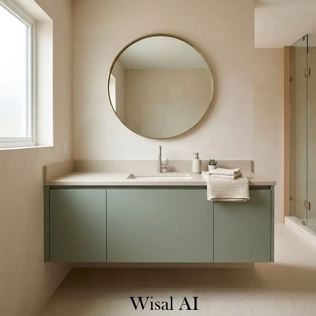 Sage green vanity with neutral beige bathroom background