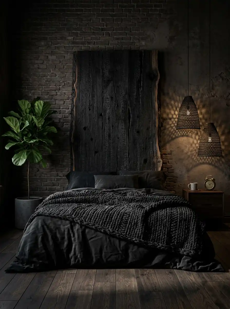 12. Sculptural Shadows and Timber Monoliths:A Dark Cozy Bedroom Design